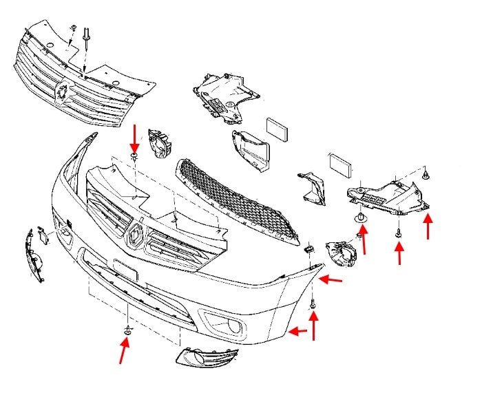 Schéma de montage du pare-chocs avant Renault (Dacia) Logan 1 (2004-2013) 