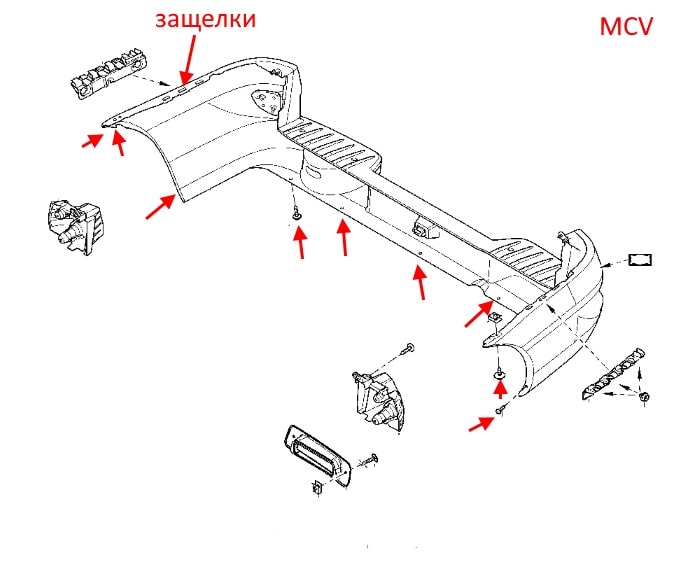 Schéma de fixation pare-chocs arrière Renault (Dacia) Logan 1 (2004-2013) MCV