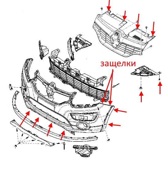 Schéma de fixation pare-chocs avant Renault (Dacia) Logan 2 (après 2012) 