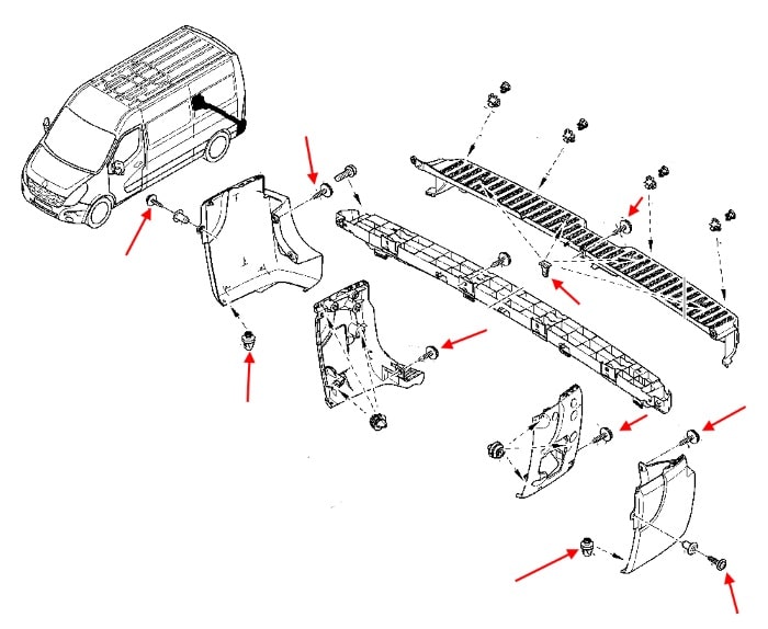Schéma de fixation pare-chocs arrière Renault Master 3 (après 2010) 