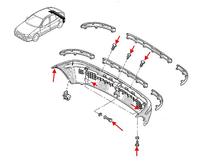 Schéma de montage du pare-chocs arrière Renault Megane 1 (1995-2002) 