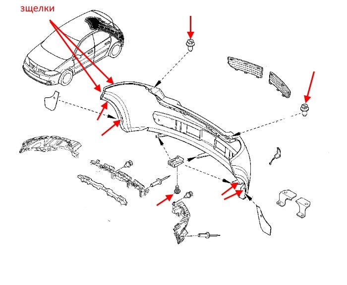 Schéma de montage du pare-chocs arrière Renault Megane 2 (2002-2008)