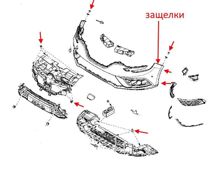 Schéma de montage du pare-chocs avant Renault Megane 4 (après 2015) 