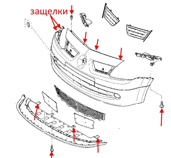 Schéma de montage du pare-chocs avant Renault Modus