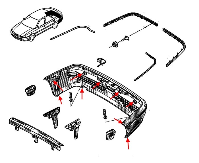 Schéma de fixation pare-chocs arrière Renault Safrane