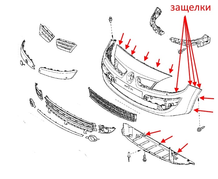Schéma de montage pare choc avant Renault Scenic 2 (2003-2009)