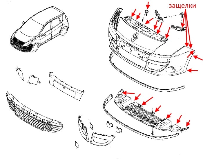 Schéma de montage pare choc avant Renault Scenic 3 (2009-2015)