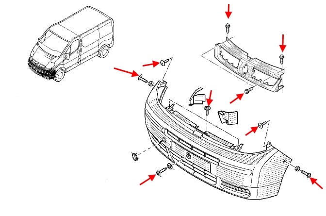 Schéma de montage pare choc avant Renault Trafic 2 (2001-2014)