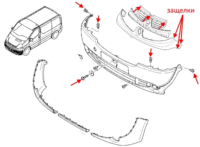 Schéma de montage pare choc avant Renault Trafic 2 (2001-2014)