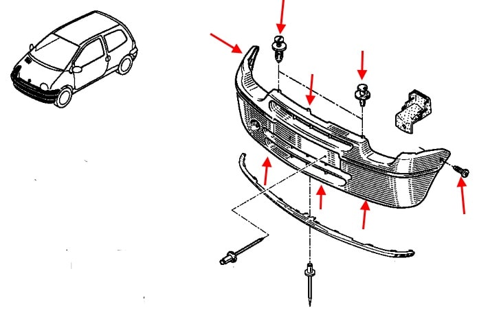Schéma de fixation pare-chocs avant Renault Twingo 1 (1992-2007)