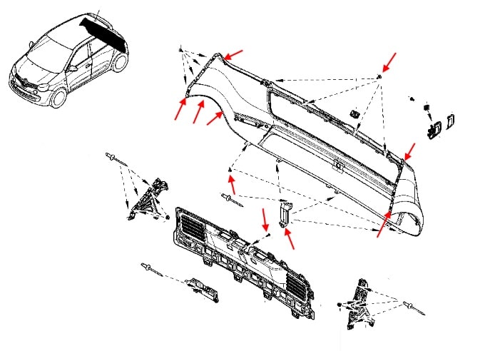 Schéma de fixation pare-chocs arrière Renault Twingo 3 (après 2014)