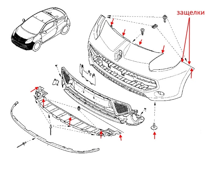 Schéma de montage du pare-chocs avant Renault Wind