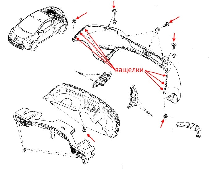 Schéma de montage du pare-chocs arrière Renault Wind