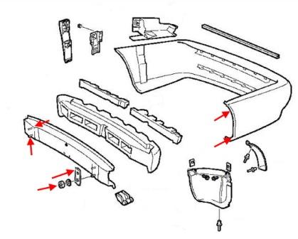 Esquema de montaje del parachoques trasero Saab 9-3 (1998-2003)