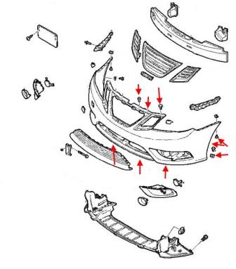 Схема крепления переднего бампера Saab 9-3 (2002-2014)