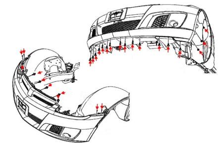 The scheme of fastening of the front bumper Saturn Sky