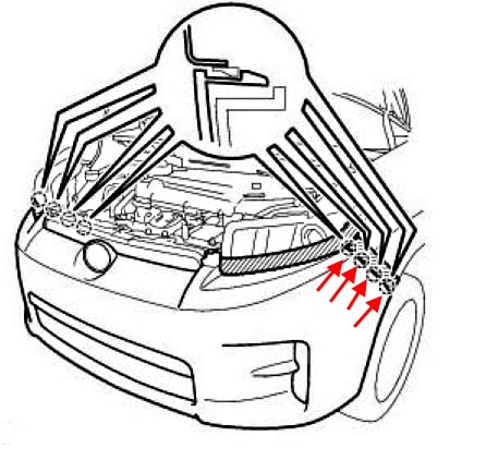 Схема крепления переднего бампера Scion xB (2006-2015) (Toyota Rukus)