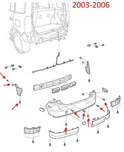 Diagrama de montaje del parachoques trasero del Scion xB (2003-2006)