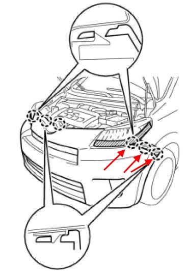 Schema fissaggio paraurti anteriore Scion xD (Toyota Ist)