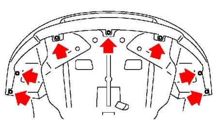 the scheme of fastening of the front bumper of the Subaru Tribeca B9 (2005-2007)