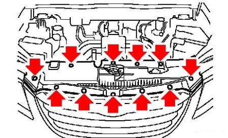 схема крепления решетки радиатора Subaru B9 Tribeca (2008-2014)