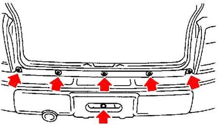 the scheme of fastening of the rear bumper Subaru Forester SF (1997-2002)