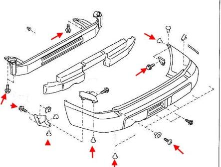 the scheme of fastening of the rear bumper Subaru Forester SF (1997-2002)