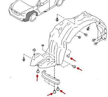 Schema der Befestigung der vorderen Kotflügelverkleidung Subaru Forester SJ (seit 2014)