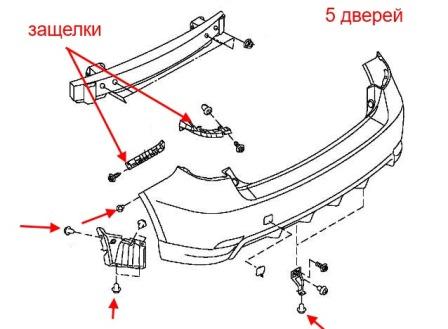 схема крепления заднего бампера Subaru Impreza (2007-2011)