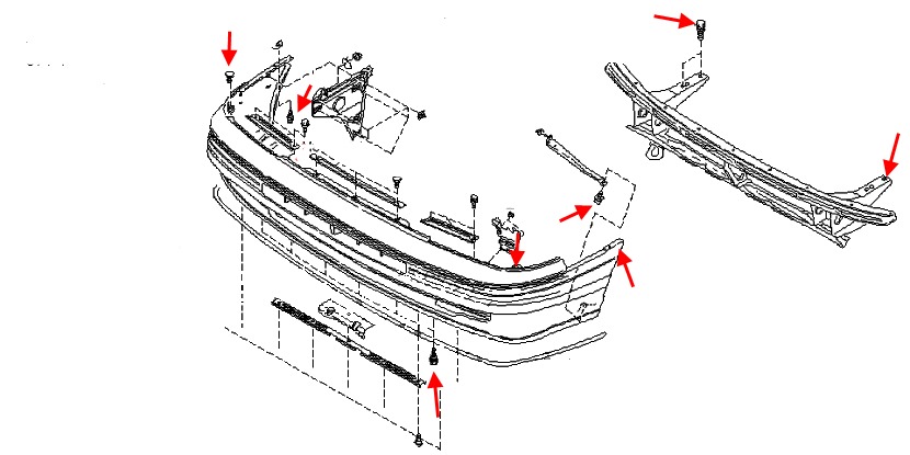 Montageplan für die vordere Stoßstange von Subaru Legacy (1989-1994)