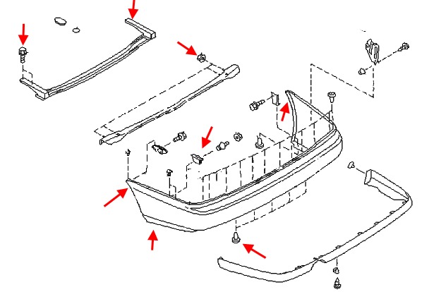 the scheme of fastening of the rear bumper Subaru Legacy (1994-1998)