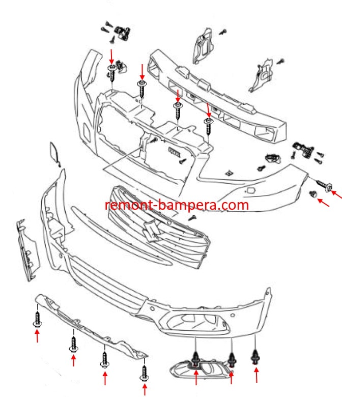 Front bumper mounting diagram Suzuki SX4 II S-Cross (2013-2022)