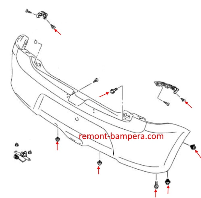 Схема крепления заднего бампера Suzuki Swift V (2017-2023)
