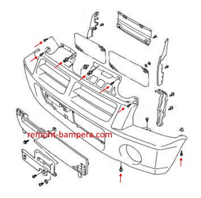 Schema di montaggio del paraurti anteriore Suzuki Wagon R+ I (1997-2000).