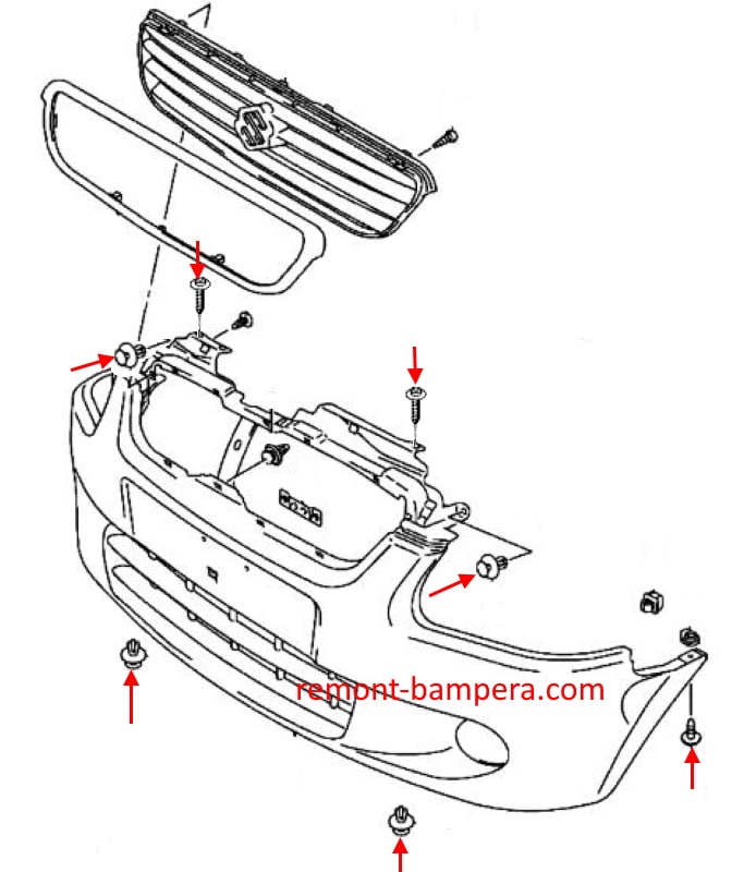 Schéma de montage du pare-chocs avant Suzuki Wagon R+ II (2000-2008)