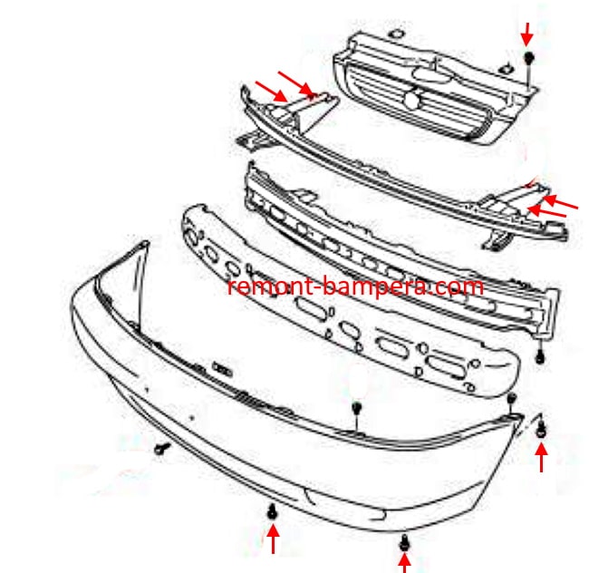 Suzuki Baleno I front bumper mounting scheme (1995-2002)