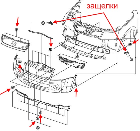 Montageplan für die vordere Stoßstange Suzuki Grand Vitara 3 (Escudo) (2005-2016)