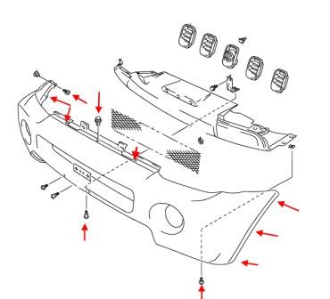 Schéma de montage du pare-chocs avant Suzuki Jimny (depuis 1998)