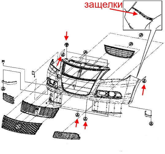 the scheme of fastening of the front bumper Suzuki Kizashi