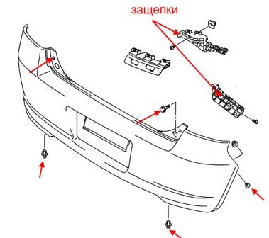 схема крепления заднего бампера Suzuki Swift (2004-2017)