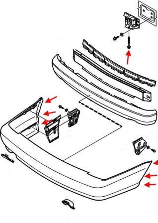 the scheme of fastening of the rear bumper Volvo S70 V70 XC70 (1997-2000)