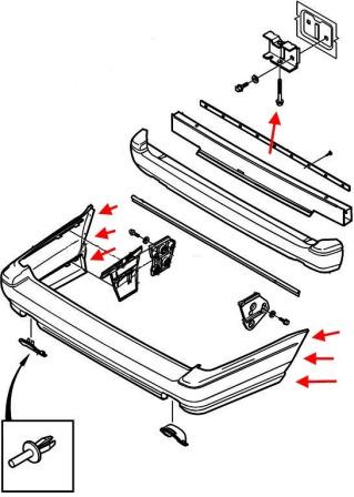 the scheme of fastening of the rear bumper Volvo S70 V70 XC70 (1997-2000)