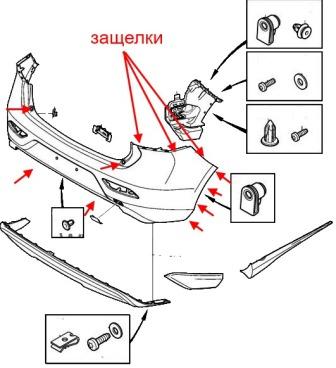 the scheme of fastening of the rear bumper Volvo V40 (after 2012)