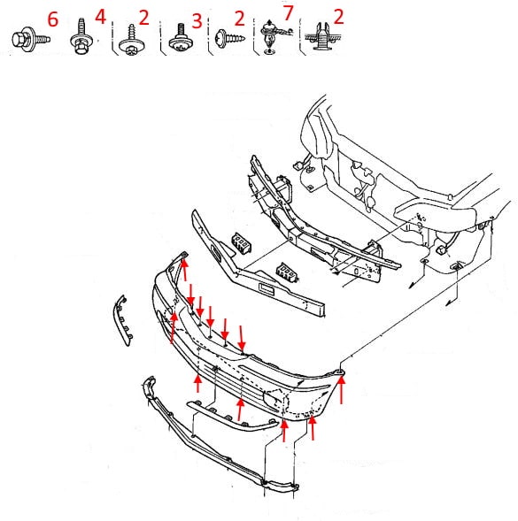 Esquema de montaje del parachoques delantero Acura RL (1996-2004)