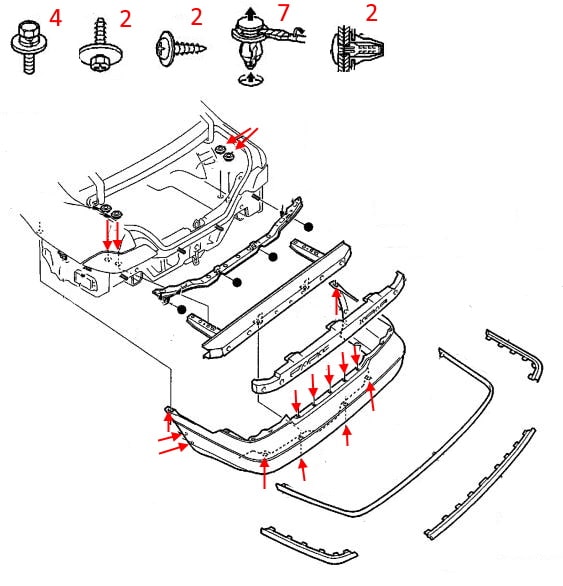 Esquema de montaje del parachoques trasero Acura RL (1996-2004)