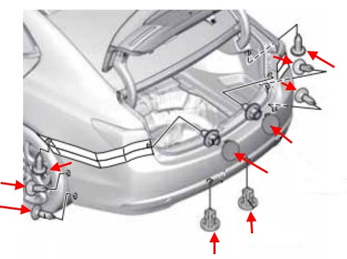 Esquema de montaje del parachoques trasero Acura TLX (2014+)