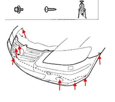 Diagrama de montaje del parachoques delantero del Acura RL (2005-2012)