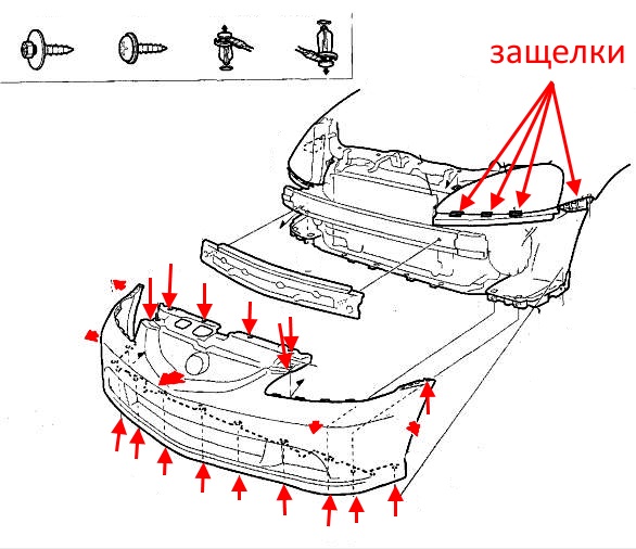 schema di montaggio del paraurti anteriore Acura RSX (Honda Integra) (2002-2006)