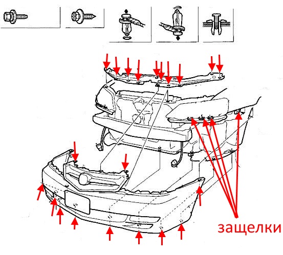 Schema attacco paraurti anteriore Acura TL (Honda Inspire) (1998-2003)