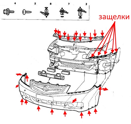 Schema montaggio paraurti anteriore Acura TSX (2004-2008)